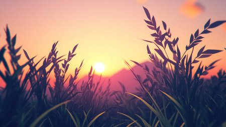 A captivating sunset scene featuring tall grass silhouetted against a vibrant sky with soft colors, evoking tranquility and the beauty of nature's evening light.の素材