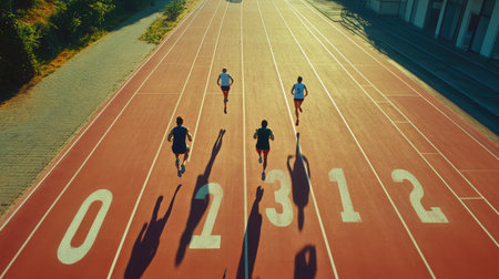 Aerial view of four athletes racing on a red track, emphasizing their dynamic movement and competitive spirit under bright sunlight in an outdoor environment.の素材