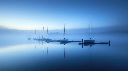 A peaceful morning scene depicting sailboats anchored in fog on still waters, creating a serene and tranquil atmosphere with a stunning blue backdrop.の素材