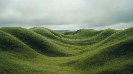 Experience the calming beauty of lush green rolling hills under a soft cloudy sky, perfect for evoking feelings of peace and tranquility in nature-inspired settings.の素材