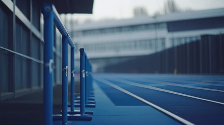 A serene view of a blue running track lined with barriers in a modern sports facility, perfectly suited for athletes and training sessions in an outdoor setting.の素材
