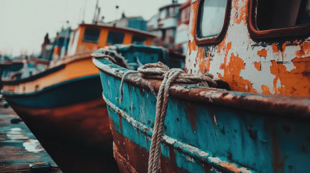 This image showcases vibrant and weathered fishing boats docked at a harbor, highlighting intricate textures and colors that evoke a sense of rustic charm and maritime culture.の素材