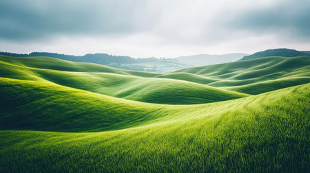 Experience the serenity of rolling green hills under soft clouds, capturing the essence of nature's beauty in a tranquil rural landscape that invites exploration and reflection.の素材