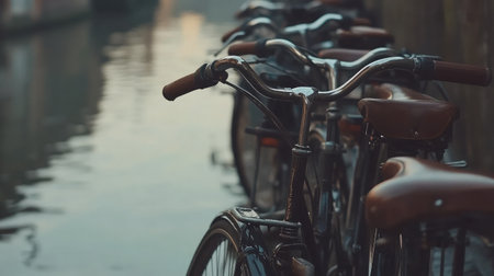 A serene view of bicycles lined along a calm waterway, showcasing reflections in the water, encapsulating urban life and leisurely moments in a beautiful setting.の素材