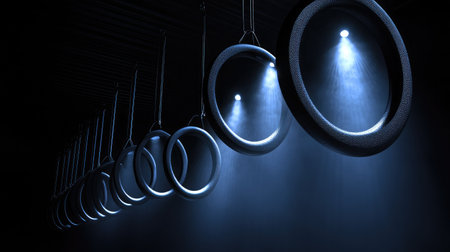 A mesmerizing arrangement of circular lights hangs gracefully in a dimly lit space, creating an artistic play of light and shadows that enhances the contemporary atmosphere.の素材