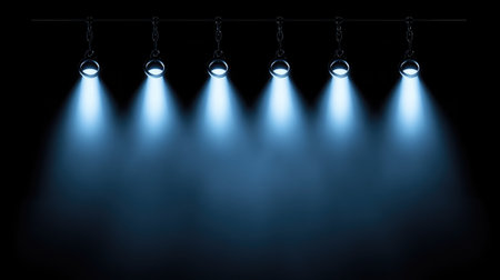 Suspended spotlights casting ambient beams of light against a dark background create a captivating atmosphere perfect for theatrical performances or artistic displays.の素材