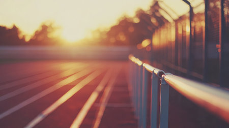 A serene scene of an athletic track at sunset, featuring a blurry fence in the foreground, conveying a sense of tranquility ideal for outdoor sport activities and training.の素材