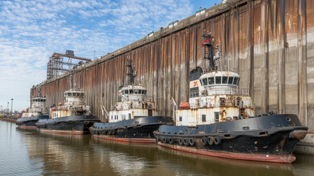 A serene scene of tugboats moored gently in a harbor, framed by a towering industrial warehouse. Clear skies and calm waters reflect the essence of maritime operations.の素材