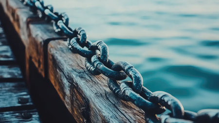 Captivating close-up of a weathered steel chain resting on an old wooden pier, set against a backdrop of gentle waves, showcasing the intricate beauty of maritime details.の素材