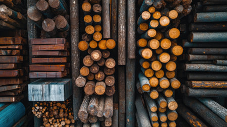 An overhead shot features a collection of wooden logs and planks, revealing diverse textures and colors, ideal for themes related to construction, forestry, and natural materials.の素材
