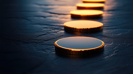 This image features a series of reflective coins neatly arranged on a textured surface, creating a captivating visual of wealth and finance through their shiny appearance and glowing edges.の素材