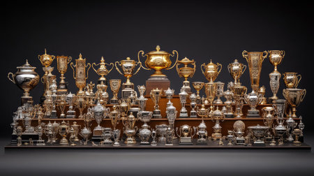 An impressive collection of trophies and awards in gold and silver, symbolizing excellence and achievement across various competitive events and sports disciplines.の素材