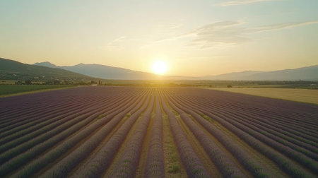 A breathtaking scene showcasing a lavender field under a golden sunset with majestic mountains in the background. Perfect for nature and landscape themes.の素材