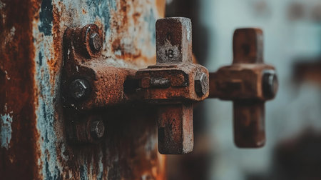 Close-up image of a rusty metal lock mechanism, showcasing detailed textures, colors, and a distinct industrial aesthetic that evokes feelings of nostalgia and decay.の素材