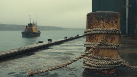 A close-up of a weathered mooring post secured with rope, with a tugboat in the misty background, creating a serene maritime atmosphere perfect for coastal imagery.の素材