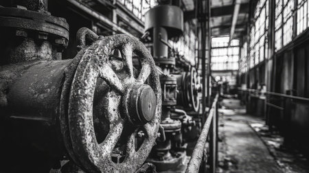 Explore a captivating scene of vintage industrial machinery featuring rusted wheels in an abandoned factory, emphasizing the beauty found in decay and historical design.の素材