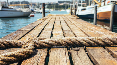 A captivating image of a weathered wooden dock with a thick rope, leading into tranquil waters filled with moored boats, capturing the essence of coastal serenity.の素材