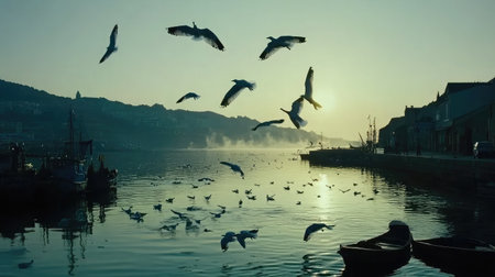 A breathtaking river scene captures the beauty of dawn with birds soaring over shimmering water, reflecting soft sunlight and creating a peaceful atmosphere perfect for nature lovers.の素材