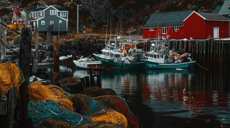 A serene harbor scene featuring fishing boats nestled against the dock, surrounded by colorful fishing gear, reflecting the essence of coastal life and maritime industry.の素材