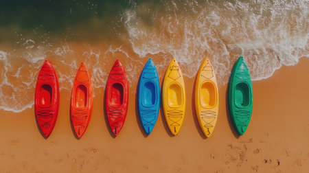 A vibrant display of colorful kayaks arranged neatly on a sandy beach, with gentle waves crashing nearby, evoking a sense of adventure and outdoor fun for anyone visiting.の素材