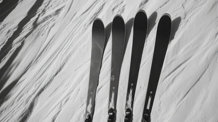 A striking black and white image of four skis arranged on pristine snow, capturing the essence of winter sports and the beauty of the snowy landscape. Perfect for adventure themes.の素材