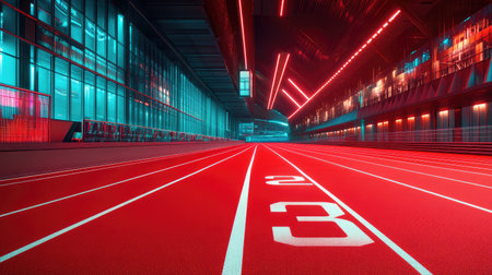 Explore a vibrant indoor running track showcasing a blend of modern architecture and dynamic neon lighting, ideal for sports enthusiasts and photography.の素材