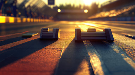 A dramatic close-up of racing starting blocks on a track at sunset, showcasing vivid shadows and warm light, capturing the essence of competitive motorsports.の素材