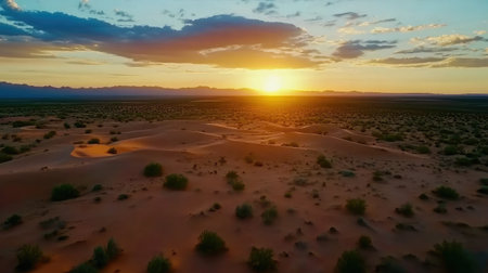 This breathtaking aerial shot captures the beauty of a tranquil desert landscape during sunset, showcasing vibrant skies, golden dunes, and sparse vegetation.の素材