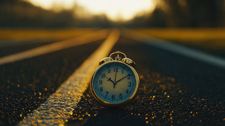 A vintage alarm clock rests on an outdoor running track at golden hour, symbolizing the importance of time management and fitness in a beautifully serene environment.の素材