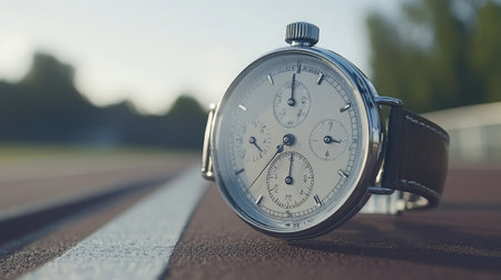 A sophisticated stopwatch resting on a running track symbolizes the importance of timing and precision in sports and everyday life, showcasing elegant design and craftsmanship.の素材