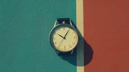 Explore the beauty of time with this close-up view of a stylish analog watch placed on a vibrant split background, perfect for themes of style, punctuality, and modern design.の素材
