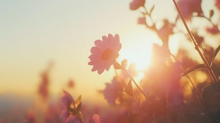 A tranquil scene featuring a delicate pink flower bathed in golden sunlight during sunset, set against a softly blurred field, evoking feelings of peace and reflection.の素材