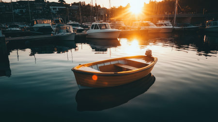 A colorful boat floats gently in a tranquil harbor at sunset, creating a stunning reflection on the water. This serene scene captures the beauty of nature and peaceful moments.の素材