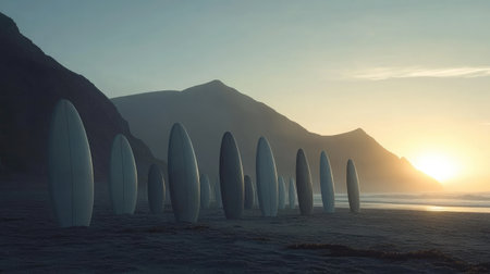 A tranquil beach scene at sunrise features white surfboards aligned in the sand, set against majestic mountains and soft ocean waves. An atmospheric view captures serene beauty.の素材
