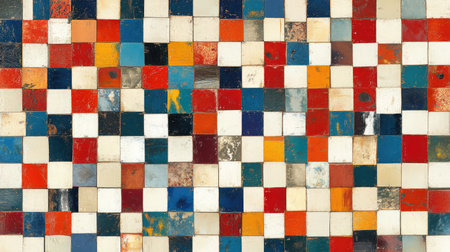 A vibrant mosaic featuring a grid of colorful square tiles in shades of blue, red, orange, and white, perfect for adding a unique artistic touch to design projects and backgrounds.の素材