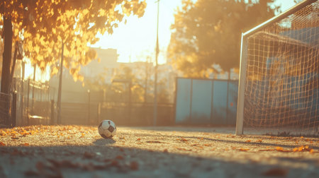 A serene autumn soccer scene features a single ball on an empty field adorned with golden leaves, illuminated by warm sunlight and an abandoned goal in the background.の素材