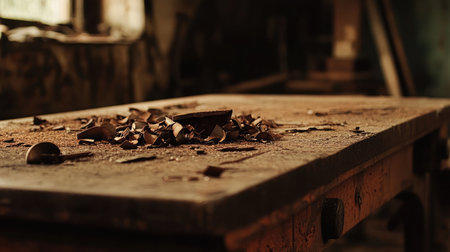 A rustic wooden workbench in an abandoned workshop, featuring broken pottery shards and dust, illuminated by soft sunlight, captures the essence of forgotten craftsmanship.の素材