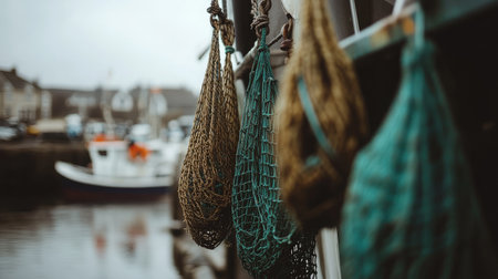 A tranquil scene featuring fishing nets hanging by a boat in a harbor, highlighted by misty weather, evoking the essence of fishing culture and maritime life.の素材
