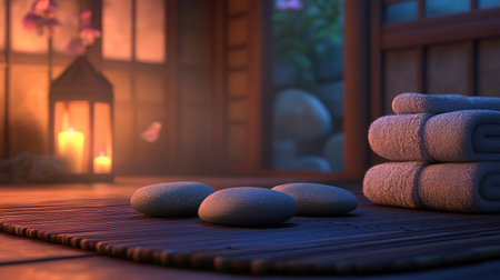 Experience a tranquil spa setting featuring smooth stones, soft towels, and warm candlelight. Perfect for wellness themes, relaxation, and mindfulness retreats.の素材