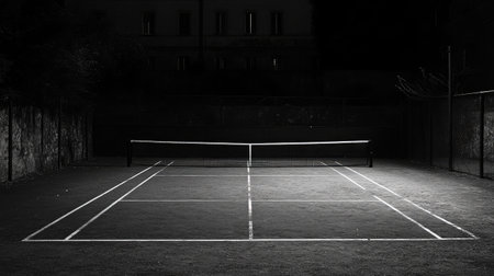 A serene view of an empty tennis court illuminated by soft lighting, emphasizing the lines and net, creating a peaceful atmosphere perfect for night-time sports.の素材