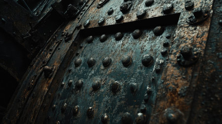 Close-up view of a rusty industrial door showcasing intricate metal details, wear, and textures, evoking a sense of history and forgotten machinery from a bygone era.の素材