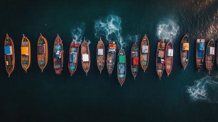 This stunning aerial photograph captures a fleet of colorful fishing boats moored in a serene harbor, showcasing patterns created by gentle waves in clear blue water.の素材