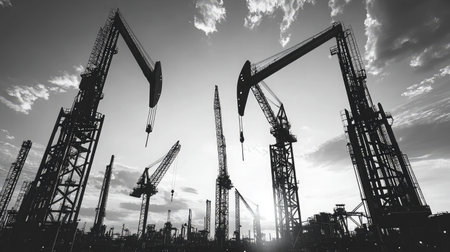 A striking black and white image capturing the silhouette of tower cranes and construction equipment against a dramatic sunset sky, showcasing industrial power and urban development.の素材