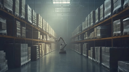 A high-tech warehouse scene showcasing a robotic arm efficiently managing pallets in a well-organized storage area illuminated by natural light, emphasizing modern automation.の素材