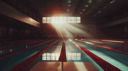 A serene indoor swimming pool illuminated by warm, golden light creates a peaceful atmosphere, perfect for relaxation, fitness, and focused training in a sports facility.の素材