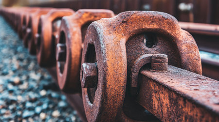 A detailed close-up shot showcasing rusty train wheels and rails, revealing the beauty of decay and the intricate textures of industrial machinery in a freight yard.の素材