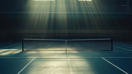 Captivating indoor sports image featuring a tennis net bathed in sunlight, showcasing a tranquil atmosphere ideal for training, practice, and athletic inspiration.の素材