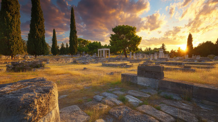 A breathtaking view of ancient ruins under a colorful sunset, highlighted by towering cypress trees and dramatic clouds, showcasing a peaceful, historic landscape.の素材