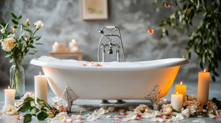 Experience tranquility in this vintage-inspired bathtub scene adorned with candles, fresh flowers, and soft petals creating a serene spa atmosphere for ultimate relaxation.の素材