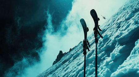 Capture the essence of winter sports with ski poles resting on a snowy slope beneath dramatic clouds. Experience the thrill of skiing in breathtaking mountainous terrain.の素材